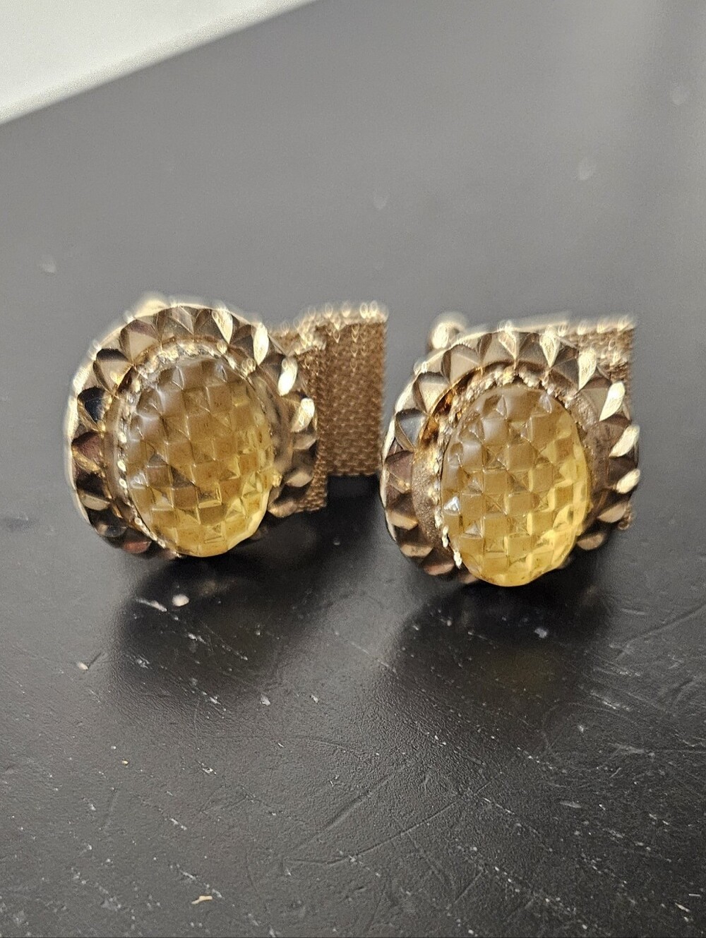 Vintage Gold Tone and Orange Faceted Plastic Oval Mesh Wrap Cuff Links